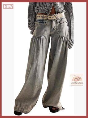 Boyfriend Baggy Lotus Jeans Y2K Barrel Wide Leg Pleated Denim Pants Drawstring